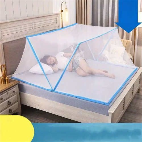 Blue folding mosquito net - thickened insect-proof, no installation, polyester mesh, portable mosquito net for home bedroom, compact design, durable mosquito repellent