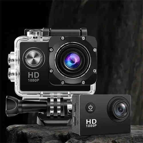 This is a 1080P HD action waterproof camera with ultra HD recording, 140° wide Angle lens, 2.0 inch LCD screen, designed for outdoor sports recording, with automatic exposure, digital stabilization, fisheye lens and other features, powered by battery or USB, save file format MP4.