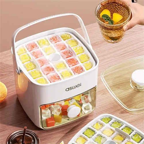 Ice maker, large capacity double design refrigerator with easy lid, food grade plastic storage tray for refrigerator - ideal for drinks and coffee, parties, outdoor activities, essential kitchen tools