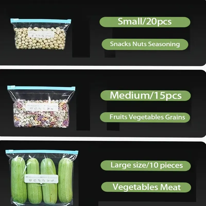 60 storage bags, zipper food preservation bags, food classification storage bags, food preservation sealed bags, suitable for fruits, grains, vegetables and meats, kitchen storage and organization, kitchen accessories