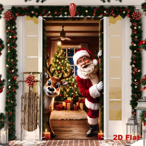 2D Flat, 2D Door Banner, 2D Flat, 2D Door Banner, 2D Flat Door Banner, 1pc, Merry Christmas Door Banner, Santa Claus Elk Design Hanging Door Cover, Winter Holiday Hanging Background Vertical Flag, for Home & Outdoor, Christmas & New Year Festive Wall