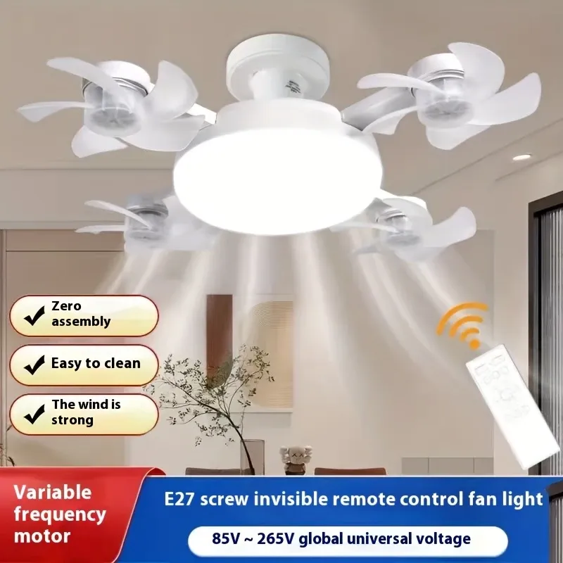 LED Smart ceiling fan Light -E27 E26 screw socket with remote control, adjustable brightness and 3-speed adjustment, suitable for bedrooms, living rooms, studies, kitchens and bathrooms - Modern design, suitable for all seasons (2-in-1 4-head fan light)