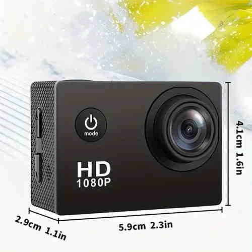 This is a 1080P HD action waterproof camera with ultra HD recording, 140° wide Angle lens, 2.0 inch LCD screen, designed for outdoor sports recording, with automatic exposure, digital stabilization, fisheye lens and other features, powered by battery or USB, save file format MP4.