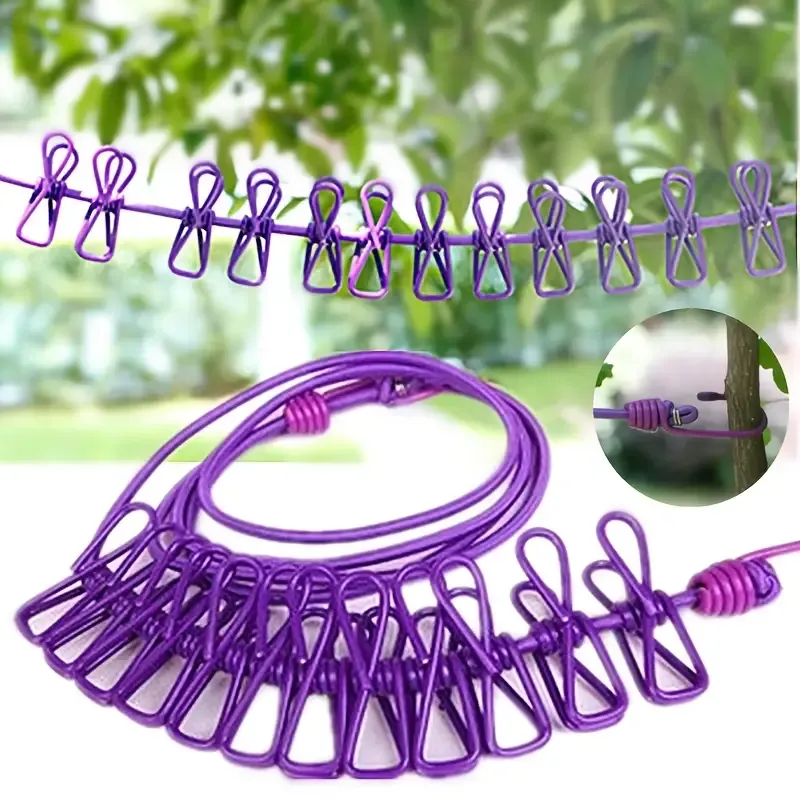 1pc retractable portable travel clothes drying rope, clothes line with 12 clothes clips, indoor clothes drying line, outdoor camping accessories