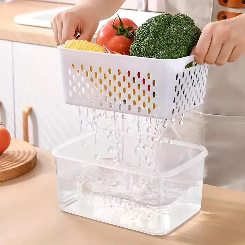 3 LIDS + 3 baskets + 3 boxes. Refrigerator storage box with lid - Stackable refrigerator storage box with drain tray, for fruits, vegetables and dry goods - multi-functional kitchen organizing system suitable for camping and dining