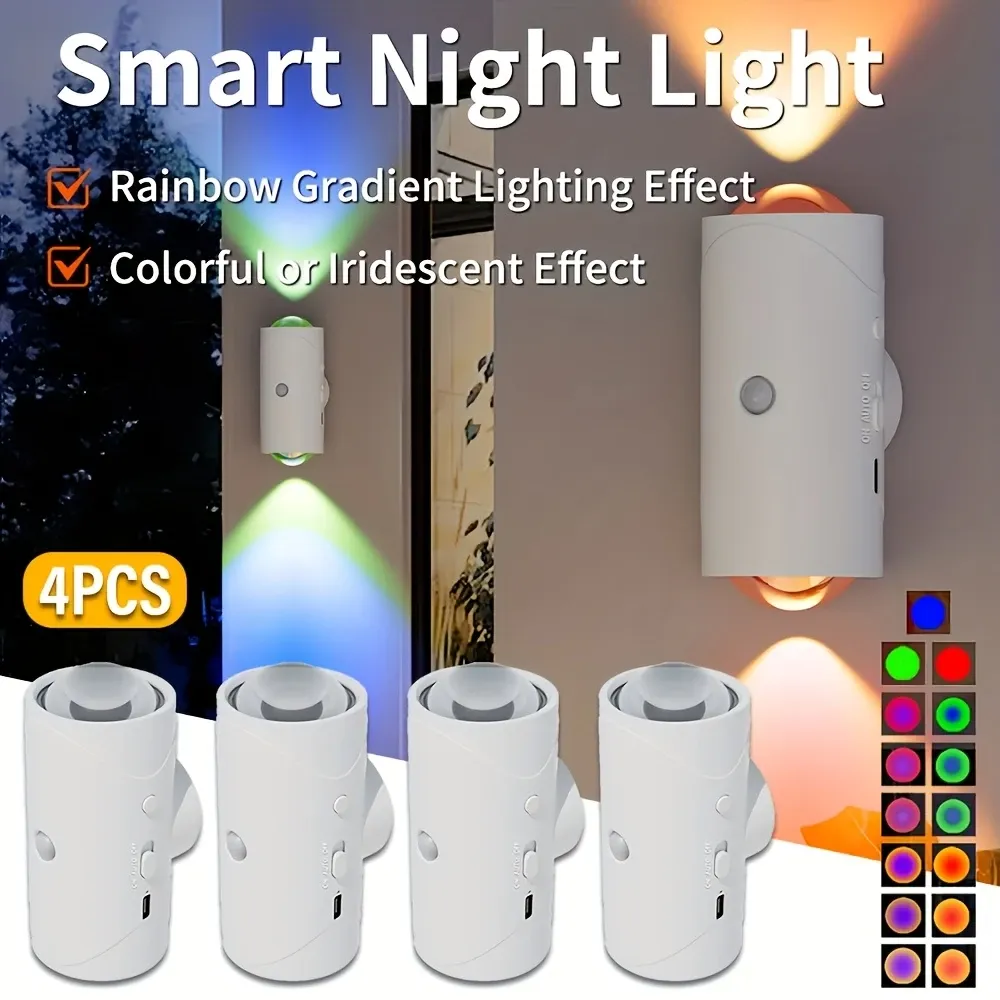 4 rechargeable LED night lights, including motion sensor smart lights, RGB gradient ambient lights, dimmable indoor lights, magnetic ladder lights, and easy-to-install wall lights, suitable for entrances, bedside tables, desks, wardrobes, and emergency situations