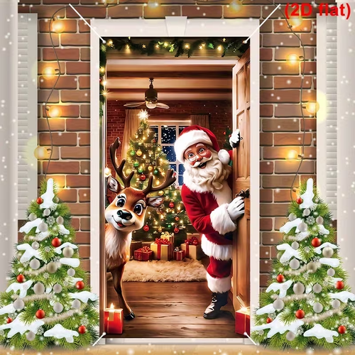 2D Flat, 2D Door Banner, 2D Flat, 2D Door Banner, 2D Flat Door Banner, 1pc, Merry Christmas Door Banner, Santa Claus Elk Design Hanging Door Cover, Winter Holiday Hanging Background Vertical Flag, for Home & Outdoor, Christmas & New Year Festive Wall