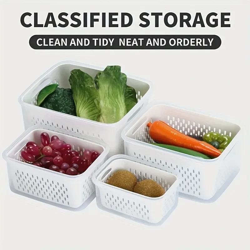 3 LIDS + 3 baskets + 3 boxes. Refrigerator storage box with lid - Stackable refrigerator storage box with drain tray, for fruits, vegetables and dry goods - multi-functional kitchen organizing system suitable for camping and dining