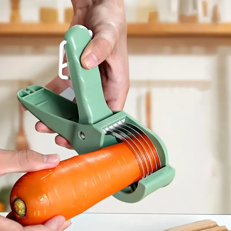 Manual multi-functional fruit and vegetable slicer with stainless steel blades - ergonomic handle for evenly slicing, dicing and shredding cucumbers, carrots, sweet peppers, tomatoes, apples, potatoes - a compact kitchen tool for salad preparation and fruit slicing
