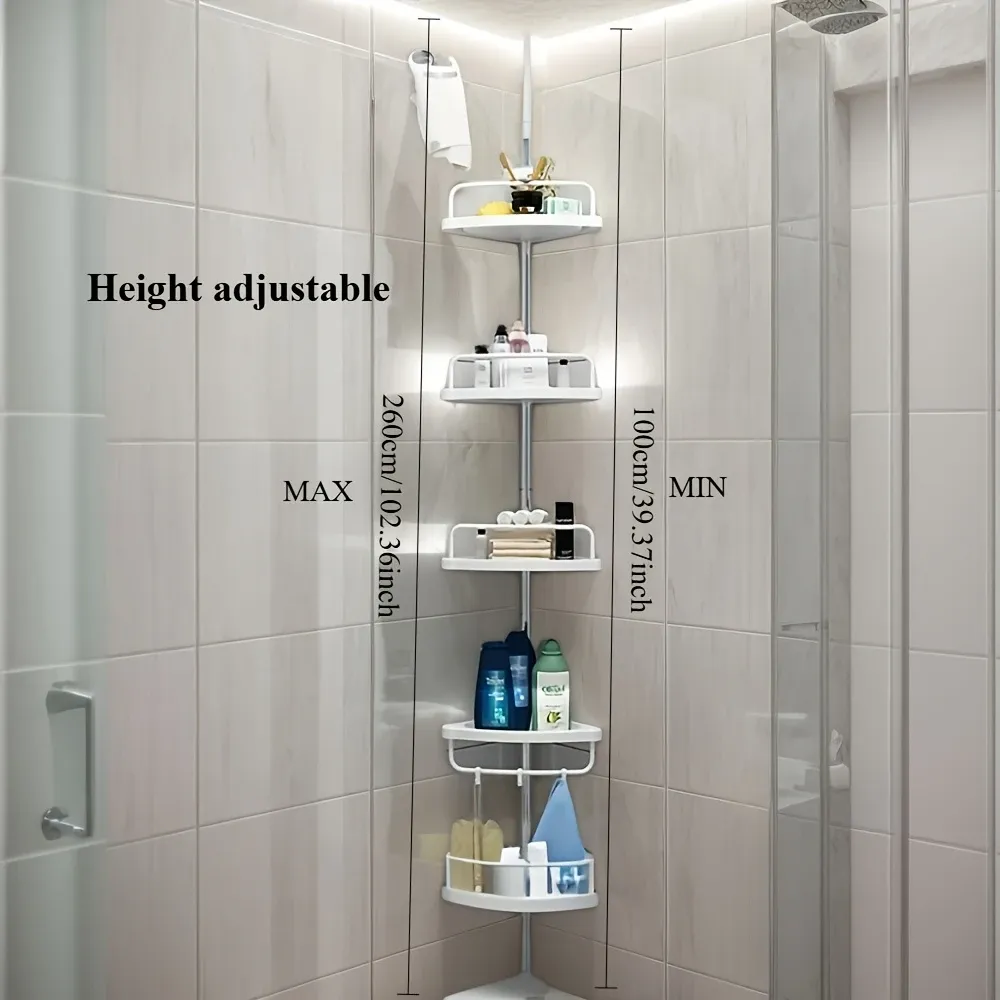 4-layer adjustable bathroom corner rack with rotating towel bar - wall-mounted anti-rust plastic floating rack without drilling, saving space for bathroom organization and storage