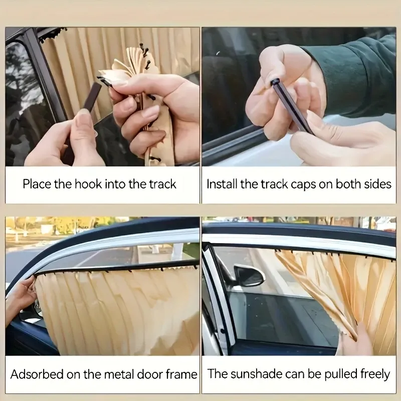 4PCS car privacy curtain, retractable track side window car sunshade curtain, light-blocking and sunshade privacy self-priming magnetic attraction car curtain