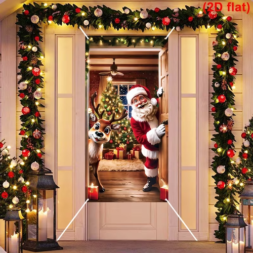 2D Flat, 2D Door Banner, 2D Flat, 2D Door Banner, 2D Flat Door Banner, 1pc, Merry Christmas Door Banner, Santa Claus Elk Design Hanging Door Cover, Winter Holiday Hanging Background Vertical Flag, for Home & Outdoor, Christmas & New Year Festive Wall