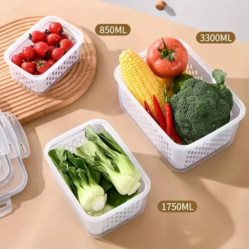 3 LIDS + 3 baskets + 3 boxes. Refrigerator storage box with lid - Stackable refrigerator storage box with drain tray, for fruits, vegetables and dry goods - multi-functional kitchen organizing system suitable for camping and dining