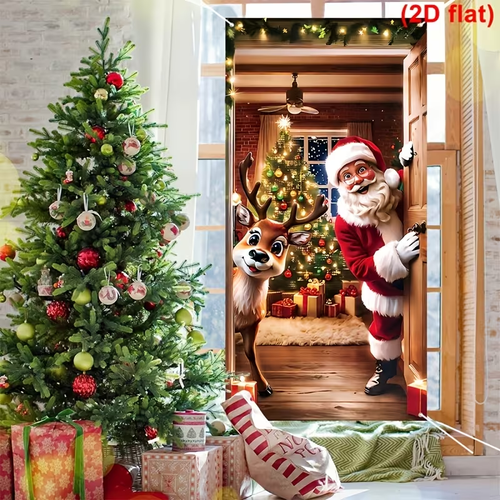 2D Flat, 2D Door Banner, 2D Flat, 2D Door Banner, 2D Flat Door Banner, 1pc, Merry Christmas Door Banner, Santa Claus Elk Design Hanging Door Cover, Winter Holiday Hanging Background Vertical Flag, for Home & Outdoor, Christmas & New Year Festive Wall