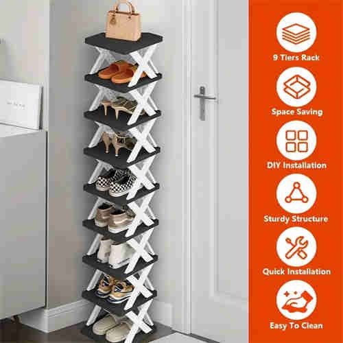 9 layer shoe rack for 9 pairs of shoes, space saving vertical shoe rack, high and narrow shoe rack for entryway, closet, hallway, bathroom, dormitory, plastic stackable shoe rack