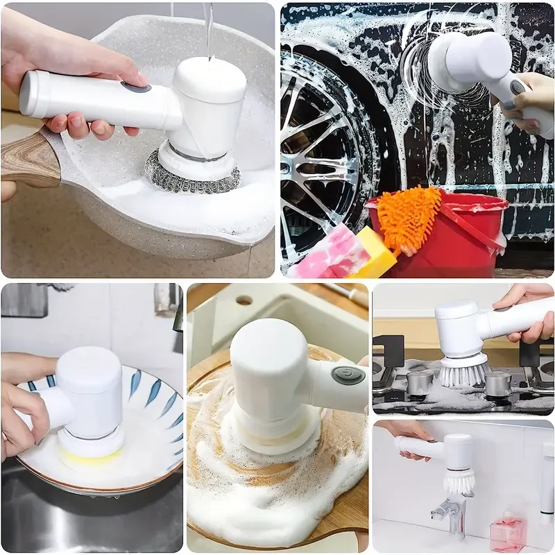 Five-in-one multi-functional electric rotating cleaning brush, electric cleaning device, equipped with 5 replaceable brush heads, handheld and powerful cleaning tool for bathtubs, floors, walls, tiles, Windows and sinks. Convenient to use