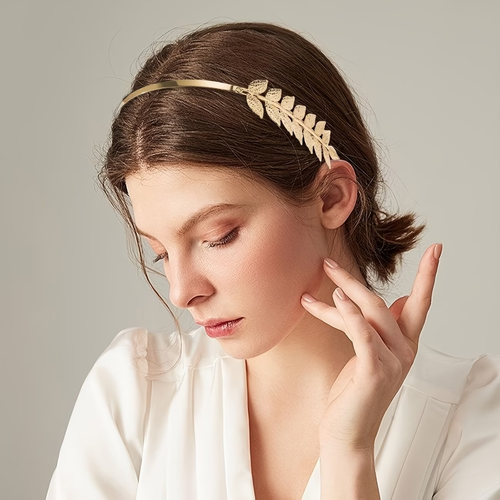 Golden Leaf Back-Worn Headband, Elegant Goddess High Crown Fashion Metal Hair Clip Headband