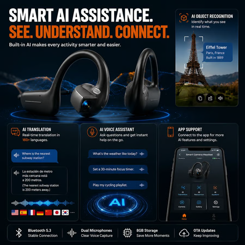 Last Day Free Shipping 🎧 8MP Smart Camera Open-Ear Headset – POV Video, Calls & AI Assistance 🎥⛺