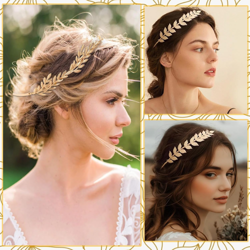 Golden Leaf Back-Worn Headband, Elegant Goddess High Crown Fashion Metal Hair Clip Headband