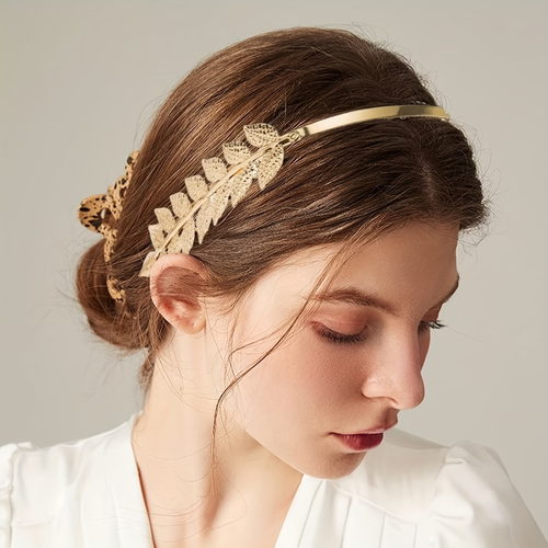 Golden Leaf Back-Worn Headband, Elegant Goddess High Crown Fashion Metal Hair Clip Headband