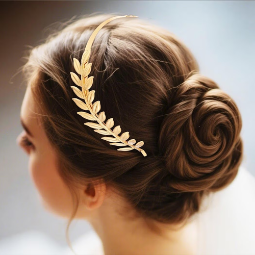 Golden Leaf Back-Worn Headband, Elegant Goddess High Crown Fashion Metal Hair Clip Headband
