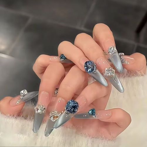 Light blue cat eye wearable nails   long pointed nails   heavy handmade diamond nail art patches