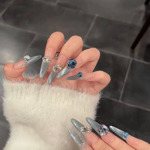 Light blue cat eye wearable nails   long pointed nails   heavy handmade diamond nail art patches