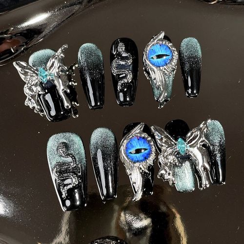 Heavy industry 3D nail art pure handmade boutique, metal nails with rhinestones wearable nail decoration