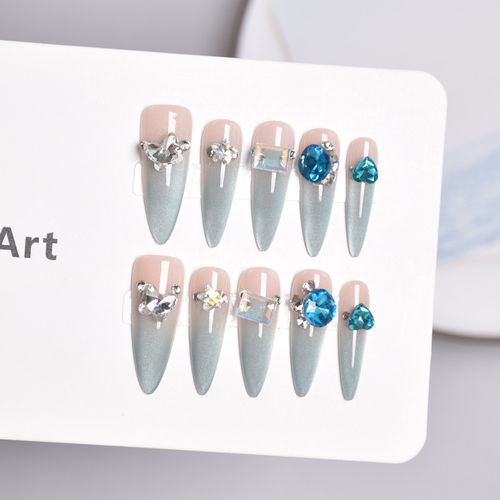 Light blue cat eye wearable nails   long pointed nails   heavy handmade diamond nail art patches