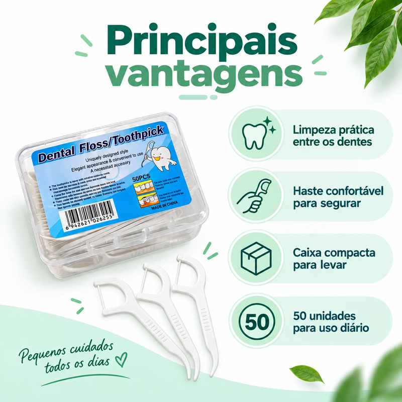 Fio Dental com Haste 50 Unidades, Palito Interdental Portátil para Higiene Oral
