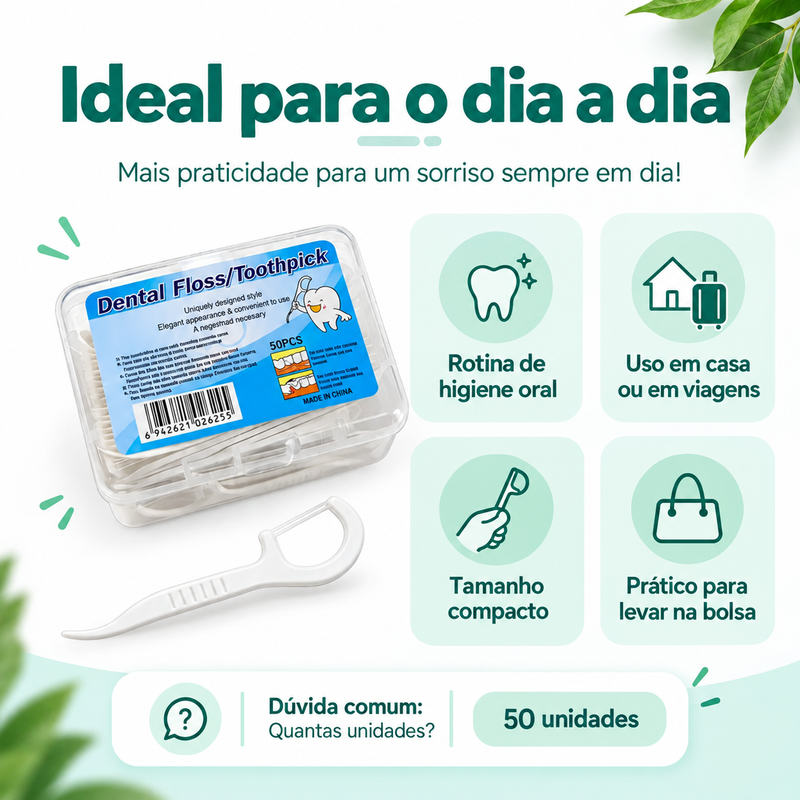 Fio Dental com Haste 50 Unidades, Palito Interdental Portátil para Higiene Oral