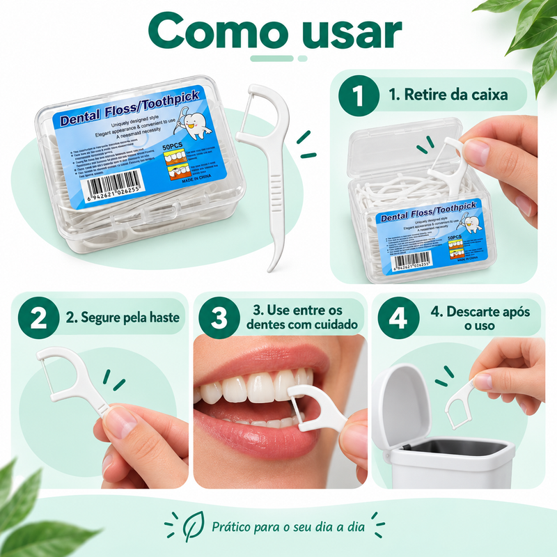 Fio Dental com Haste 50 Unidades, Palito Interdental Portátil para Higiene Oral