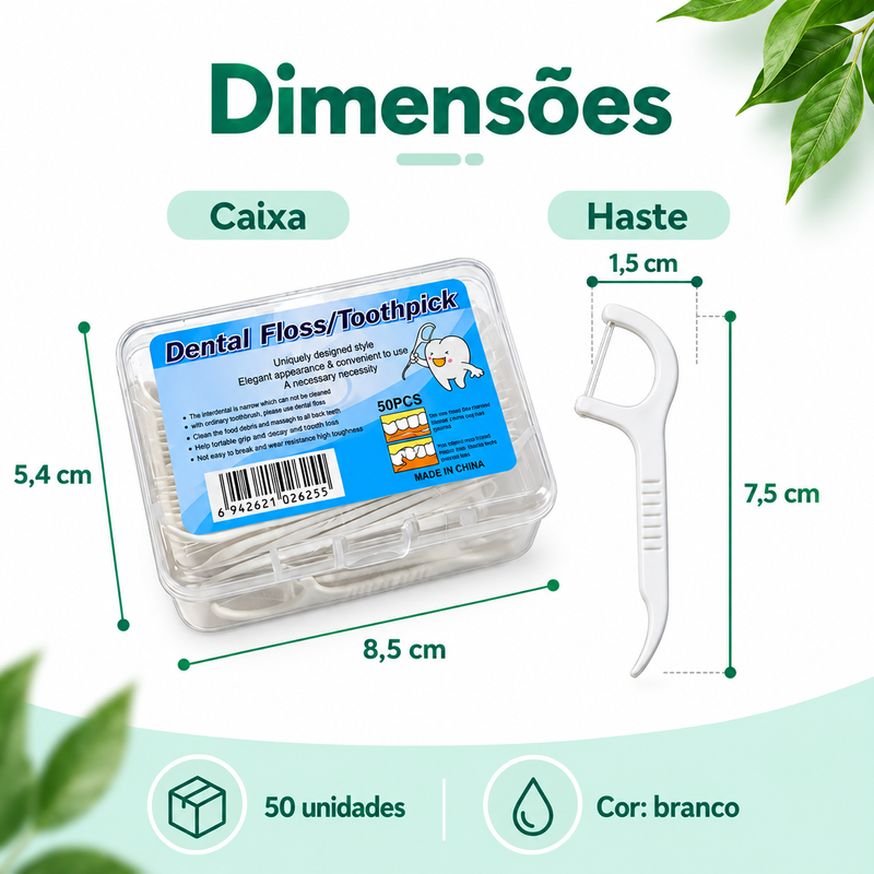Fio Dental com Haste 50 Unidades, Palito Interdental Portátil para Higiene Oral