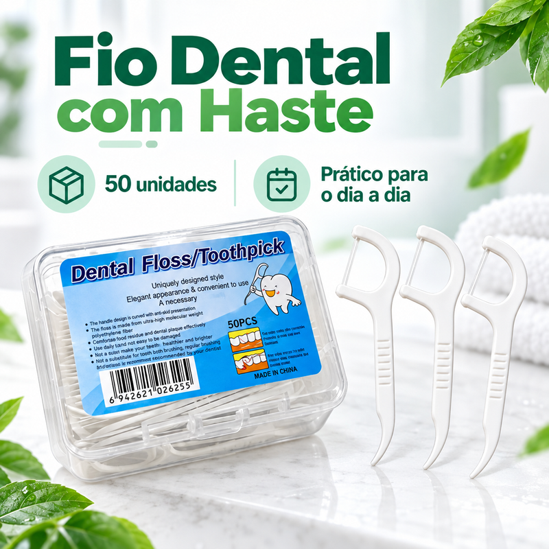 Fio Dental com Haste 50 Unidades, Palito Interdental Portátil para Higiene Oral