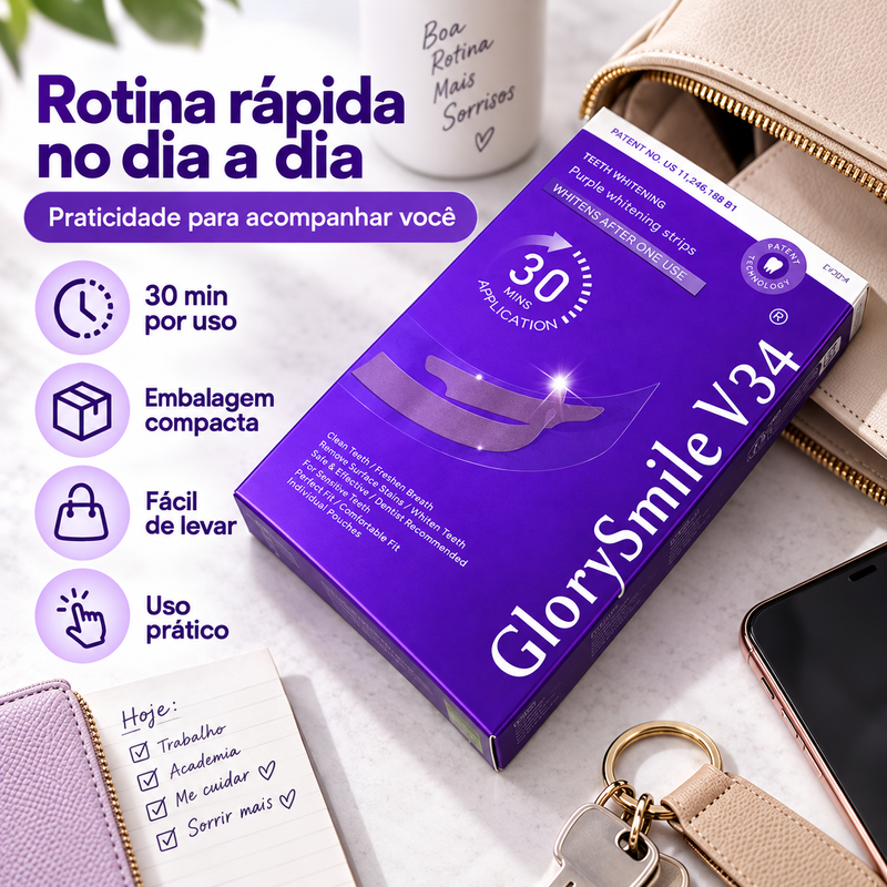 Tiras Dentais GlorySmile V34, 30 Minutos, Uso em Casa e Aplicação Fácil