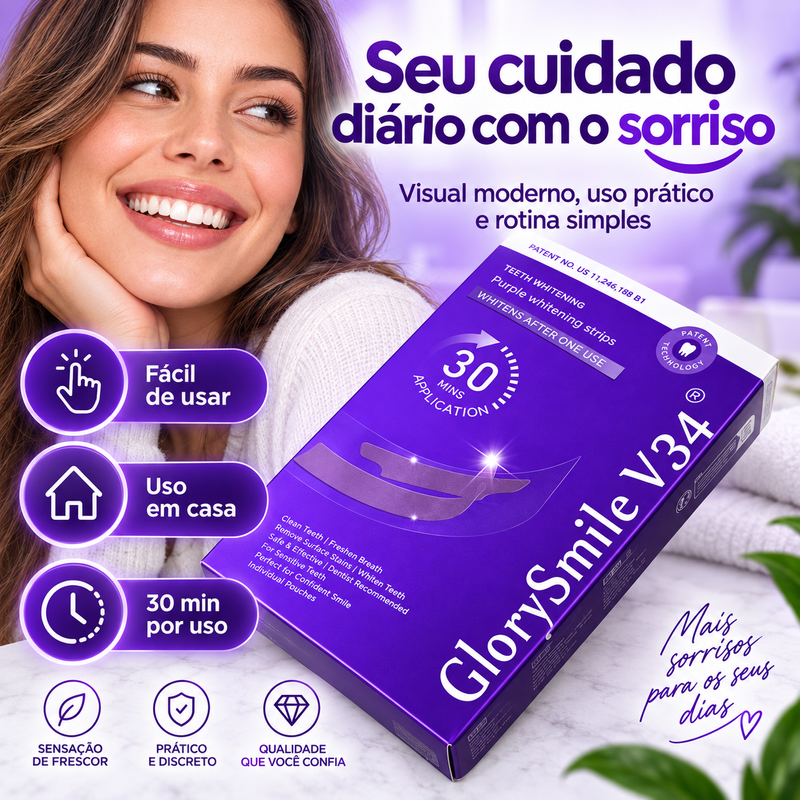Tiras Dentais GlorySmile V34, 30 Minutos, Uso em Casa e Aplicação Fácil