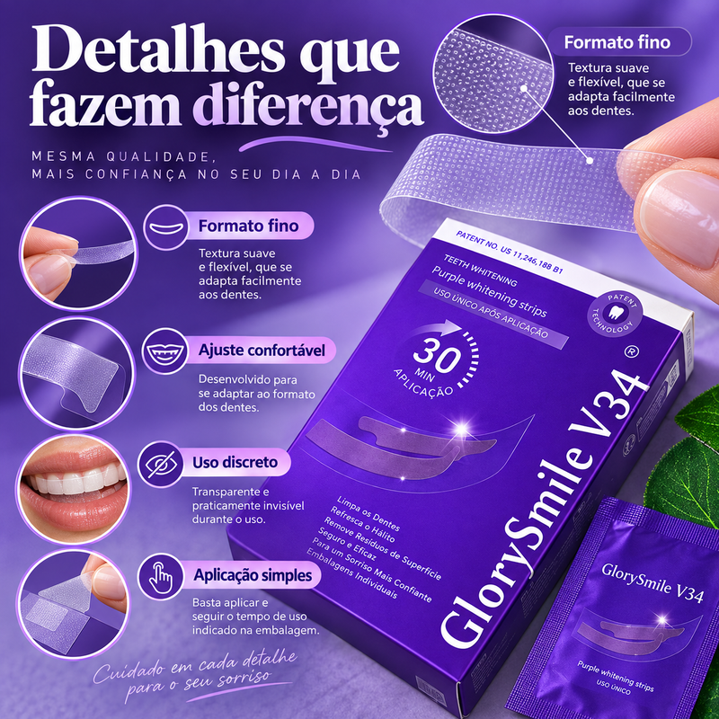 Tiras Dentais GlorySmile V34, 30 Minutos, Uso em Casa e Aplicação Fácil