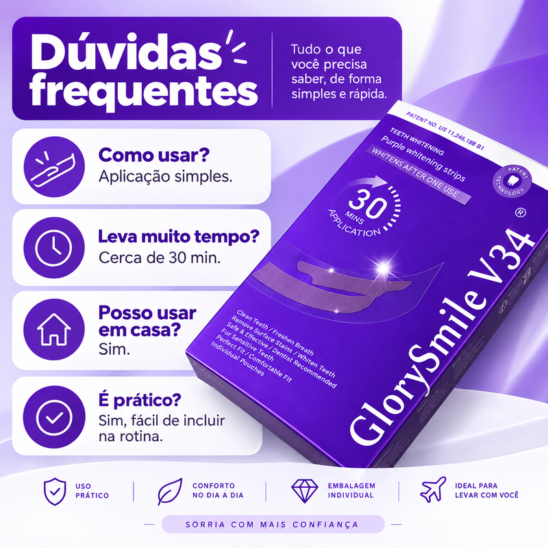 Tiras Dentais GlorySmile V34, 30 Minutos, Uso em Casa e Aplicação Fácil
