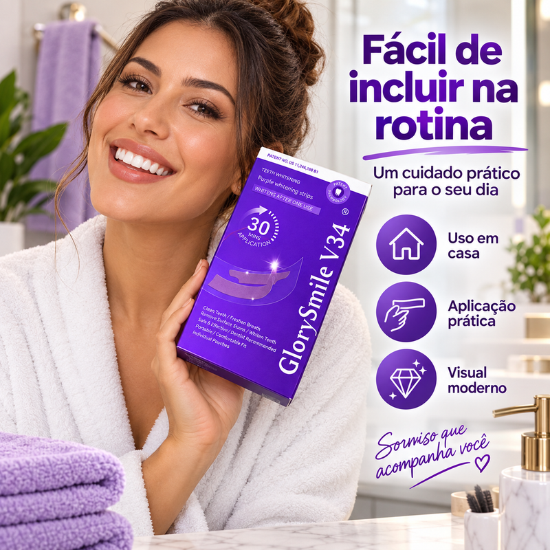 Tiras Dentais GlorySmile V34, 30 Minutos, Uso em Casa e Aplicação Fácil