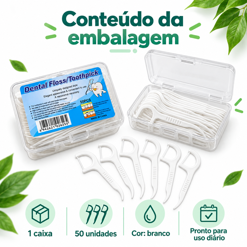 Fio Dental com Haste 50 Unidades, Palito Interdental Portátil para Higiene Oral