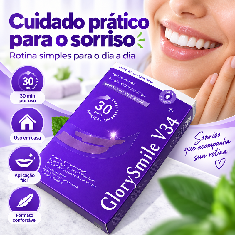 Tiras Dentais GlorySmile V34, 30 Minutos, Uso em Casa e Aplicação Fácil