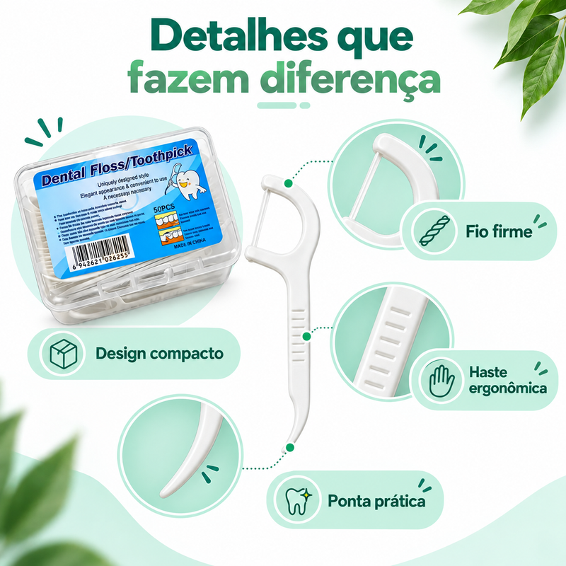 Fio Dental com Haste 50 Unidades, Palito Interdental Portátil para Higiene Oral