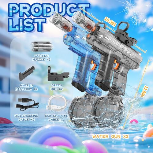 💎💎💎Electric Water Gun 2 Pack for Adults and Kids, Light Up Automatic Squirt Gun Watergun, 800CC Large Capacity, 26-33 FT Long Range, Summer Outdoor Beach Pool Party Toy Gift