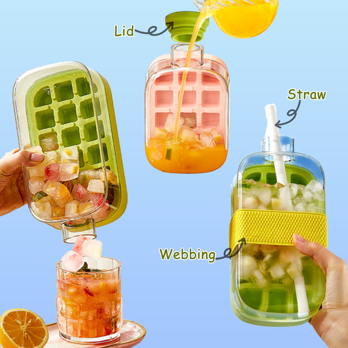 💥💥💥2 in 1 Ice Water Drink Bottle Custom Summer DIY Storage Box Iced Fruit Drinks Ice Cube Maker Bottle Cooling Mold with Straw