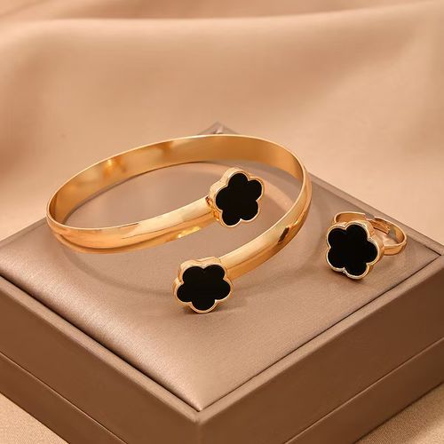 Five-color lucky flower alloy jewelry set (5 pieces) - high-quality necklace, bracelet, ring and earrings