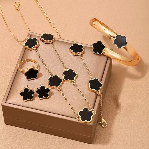 Five-color lucky flower alloy jewelry set (5 pieces) - high-quality necklace, bracelet, ring and earrings