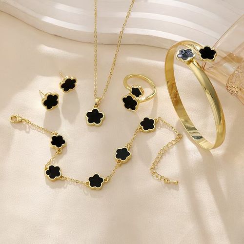 Five-color lucky flower alloy jewelry set (5 pieces) - high-quality necklace, bracelet, ring and earrings