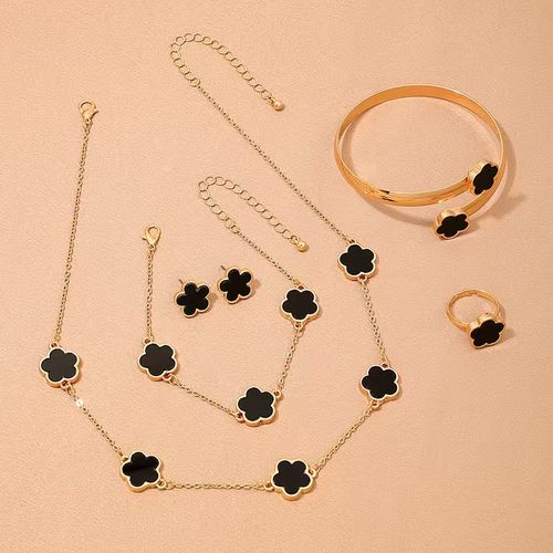 Five-color lucky flower alloy jewelry set (5 pieces) - high-quality necklace, bracelet, ring and earrings