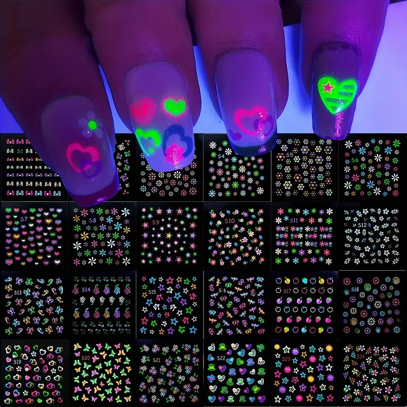 24 Sheets 3D Glow in The Dark Neon Nail Stickers Glittery Glossy Self-Adhesive Nail Art Stickers Girl DIY