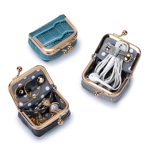 Genuine Cowhide Leather Mini Kiss-Lock Pouch (Crocodile Pattern)